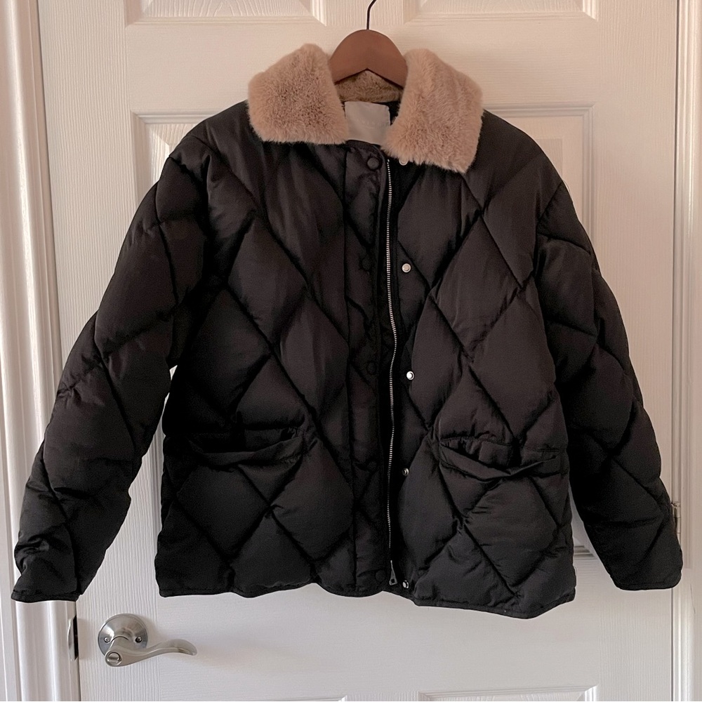 Naning9 Korean Style Black Fur Collar Puffer Jacket